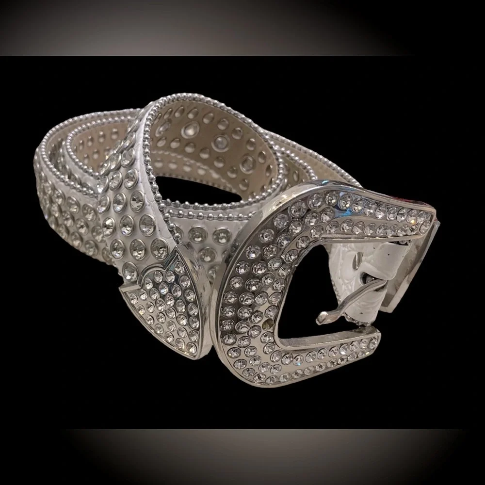 DNA Premium White & Silver Diamond Rhinestone Cowgirl Crocodile Belt